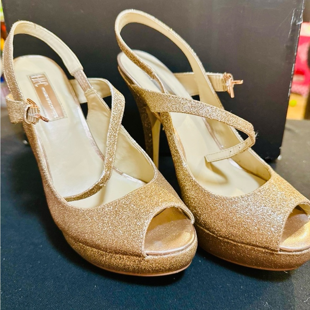 INC International Concepts Gold Glitter Peep-Toe Heels
